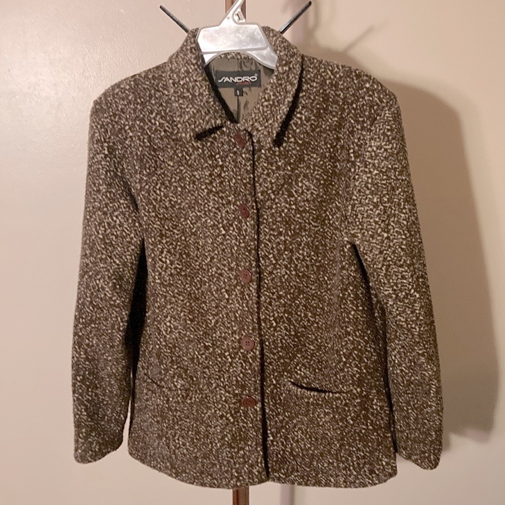 Sandro | Vtg 1990s Sport Brown Ivory Button Front Fleece Sweater Jacket  - Small